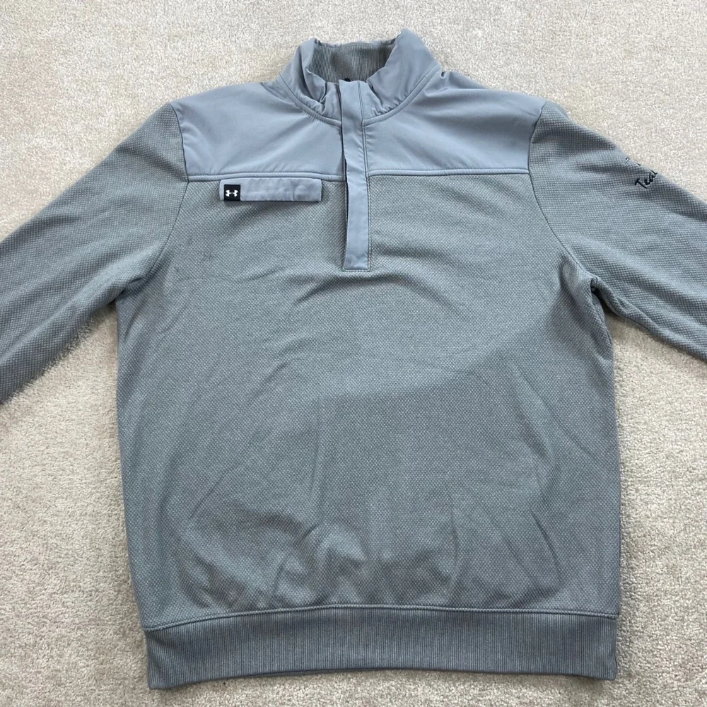 Under Armour Storm Golf Pullover Mens Large Gray Snap Mock Neck Teal Bend Logo